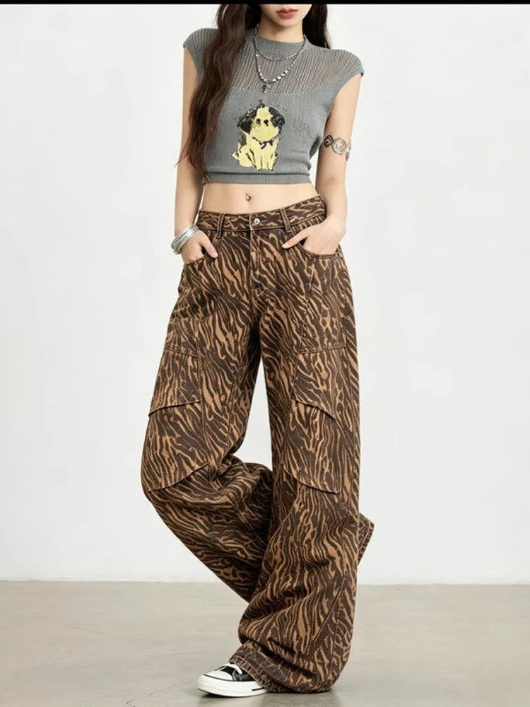 American Retro Leopard Tiger Street Pleated Knife Work Pants Loose Straight Leg Wide Leg Casual Jeans for Men And Women
