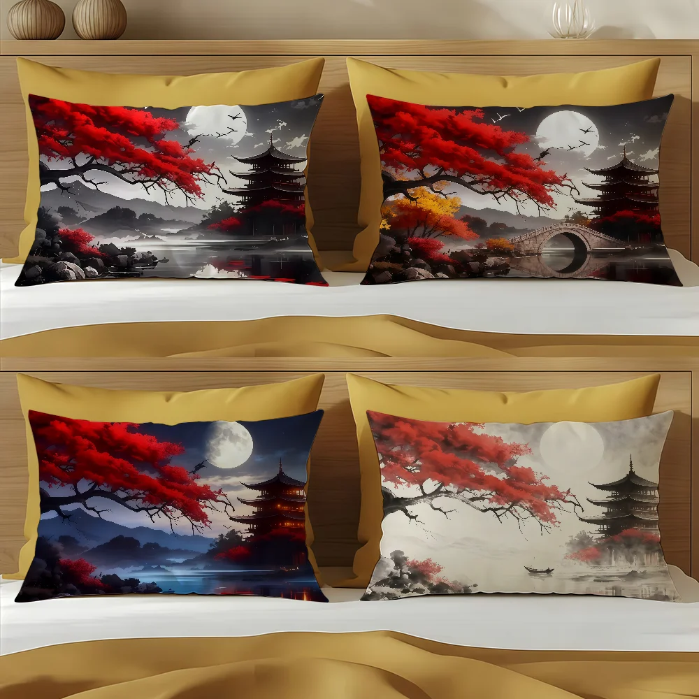 Japanese Building landscape red c cushion cover Hit product Sofa living Room Office Rectangle Pillow Home Coffee Shop Bedding