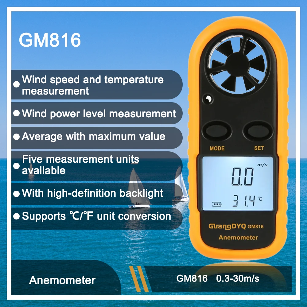 GM816 Digital Anemometer Mini LCD Wind Speed Air Velocity Temperature Measuring with Backlight Display Temperature Tester