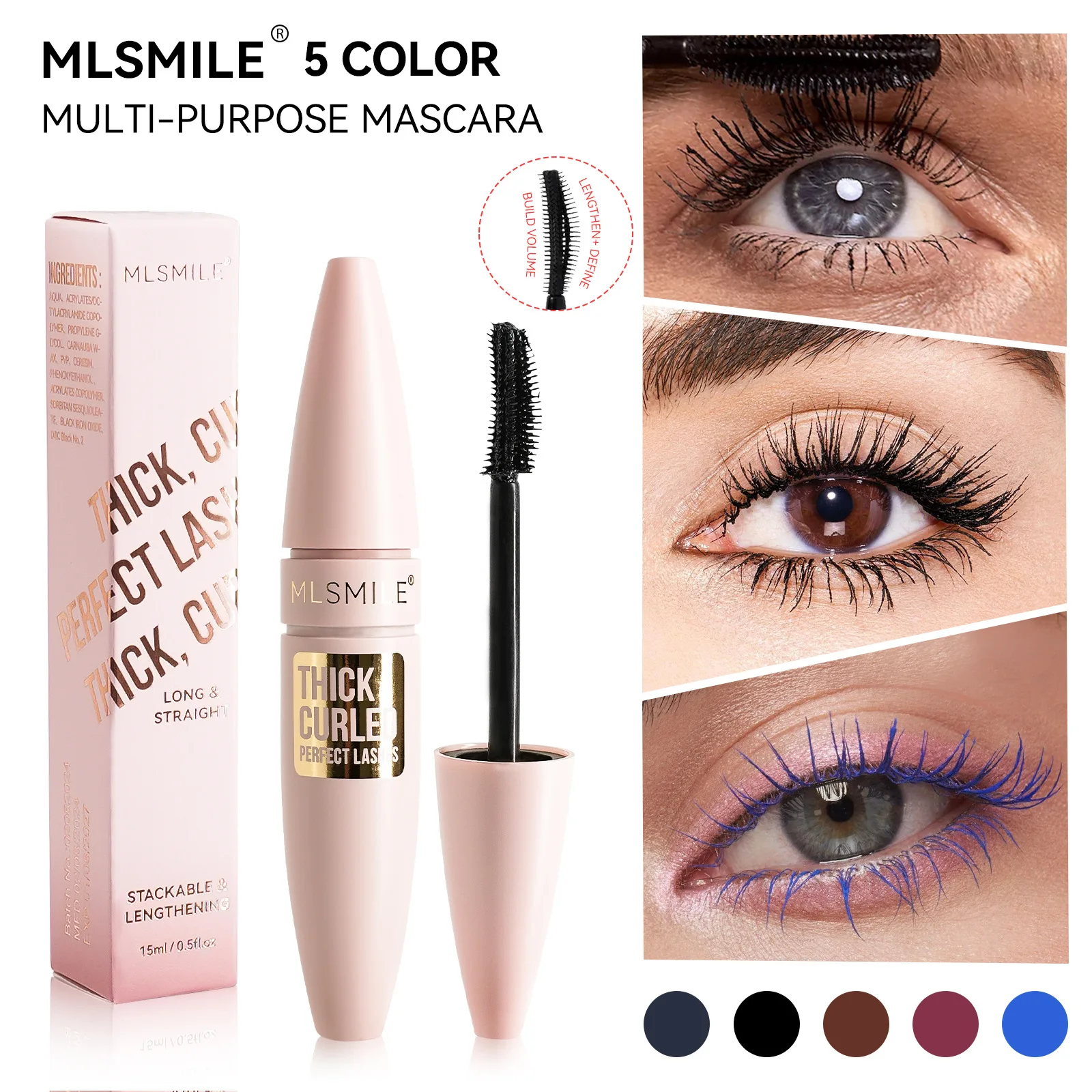 

MLSMILE 5-цветный черный макияж глаз приносит густым и вьющимся эффектом, водостойкий и не размазывающийся трехмерный черный макияж глаз