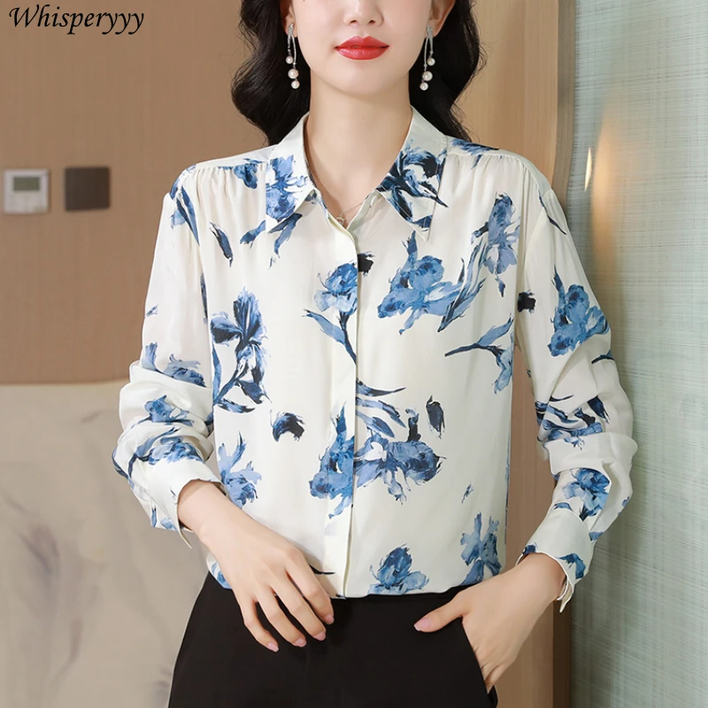 Blue Printed Long-sleeved Shirt Women Clothes Fashion Casual Lapel Chemise Femme Spring Autumn Korean Button Blouse Female