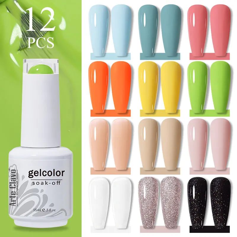 

Arte Clavo Gel Nail Polish Set 12 Colors Glitter Gel Polish Semi Permanent Soak Off Long Lasting Organic UV LED Nail Gel Varnish