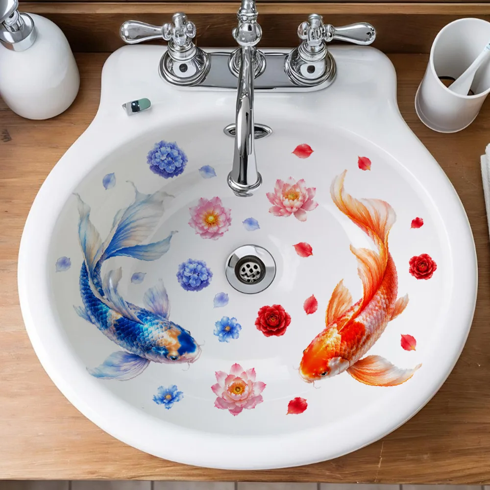 1Pc Waterproof Koi Fish Lotus Sink Stickers, Lucky Carp Vinyl Decals, Washbasin Bathtub Tile Mural Oriental DIY Bathroom Decor