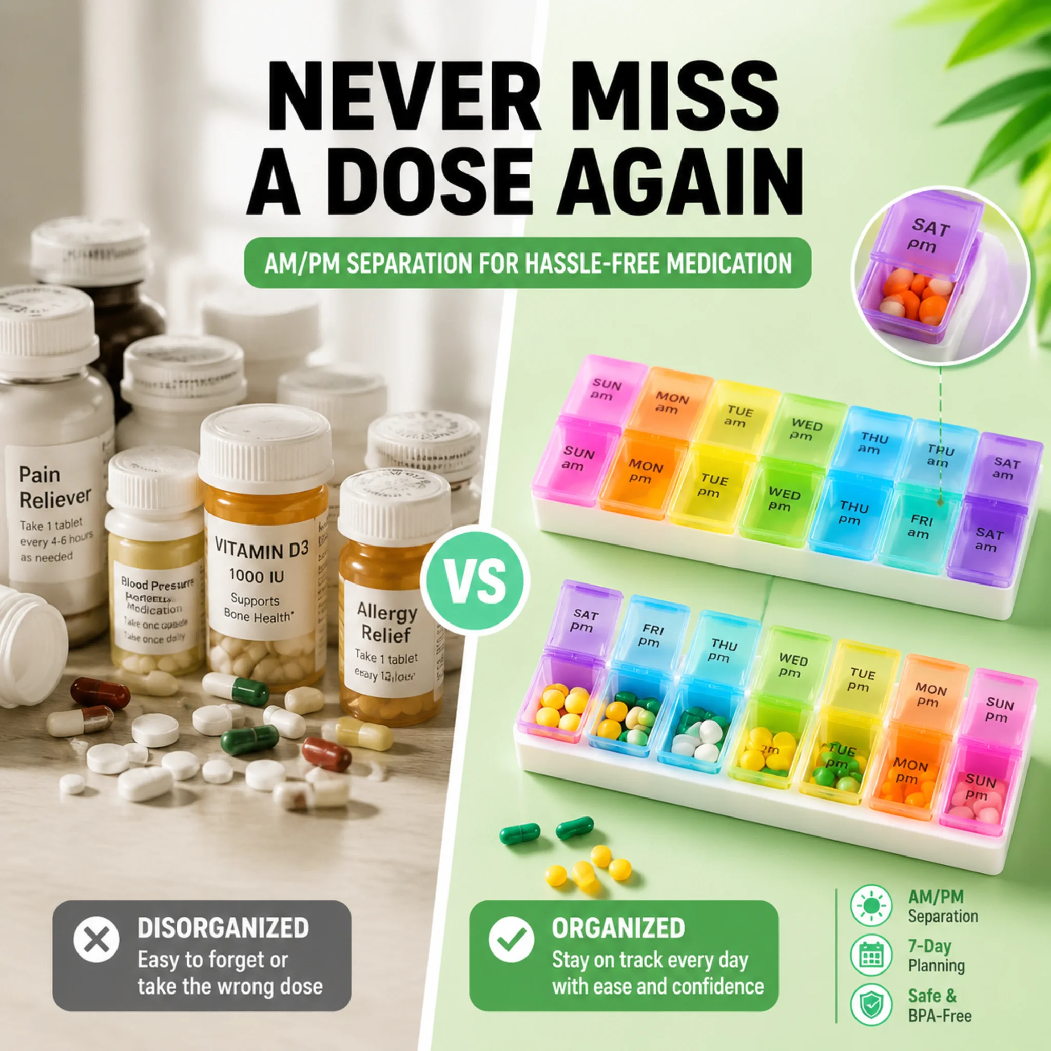 Organizador de Pílulas para 7 Dias com 14 Compartimentos, 3 Vezes ao Dia, Caixa de Medicamentos Portátil para Viagem para Vitaminas e Suplementos de Ó