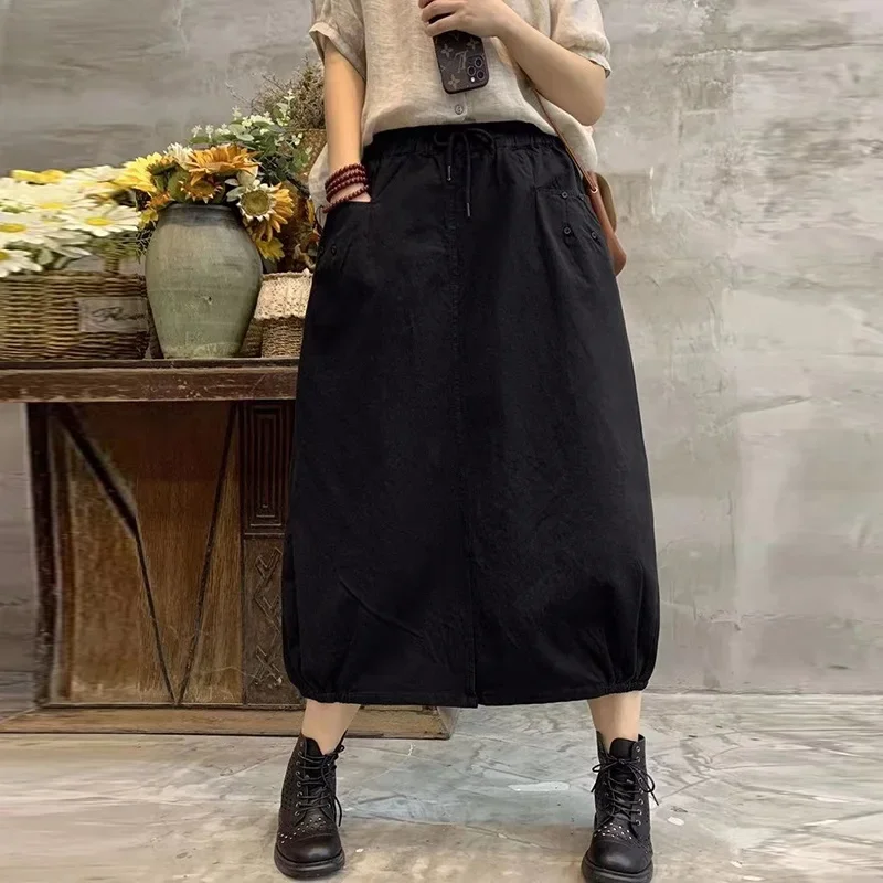 تنورة نسائية مرنة على شكل حرف A ، تنورات قطنية ، قمصان عتيقة ، أحادية اللون ، الصيف ، الربيع ، قمصان