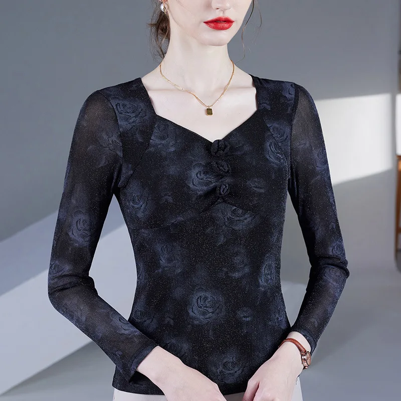 M-4XL Autumn 2025 New Fashion Rose Print Women\'s Tops Elegant Slim High Stretch Square Collar Long Sleeved Mesh T-Shirt