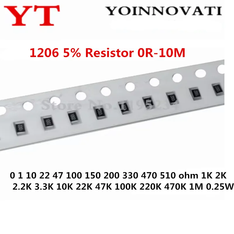 100 قطعة/الوحدة 1206 5% المقاوم 0R-10M 0 1 10 22 47 100 150 200 330 470 510 أوم 1K 2K 2.2K 3.3K 10K 22K 47K 100K 220K 470K 1M 0.25W #1