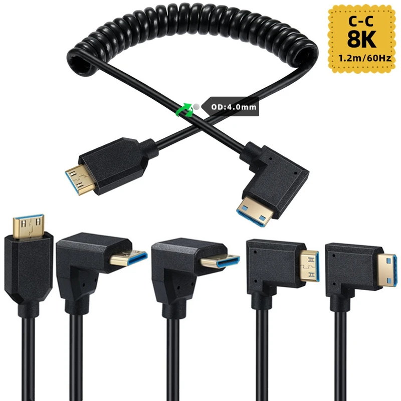 

1,2 м 8k @ 60 Гц 90-градусный Угол Mini HDMI-совместимый пружинный удлинитель и кабель сжатия Стандартный для компьютера ТВ цифровой камеры