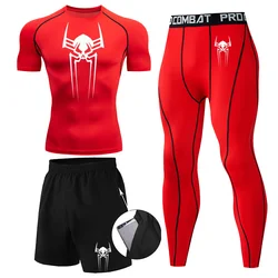 Men's Tight Fit Long Sleeved 3 Piece Printed Sports Fitness Suit For Outdoor Gym Fashion Style Spring and Autumn