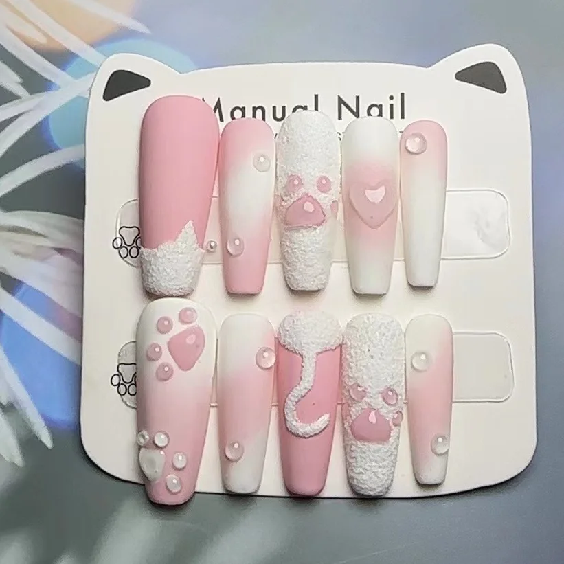 수제 핑크 그라데이션 프레스온 네일, 귀여운 3D 고양이 발 하트 디자인, 달콤한 풀 커버 네일 팁, 여성 및 여아용 데일리 웨어, 10 개  Best5