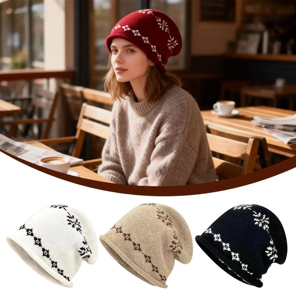 Stylish Seasonal Warmth Knitted Hat Jacquard Weave Fair Isle Ear Protection Hat Warm Curled Edge Korean Beanie Cap For Women