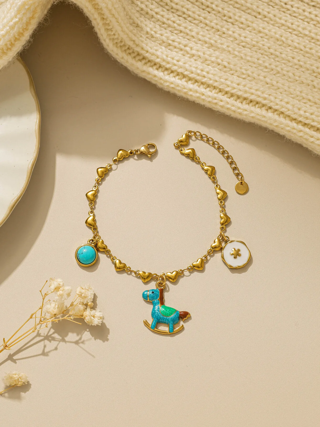 316L الفولاذ المقاوم للصدأ الذهب مربع الجولة الفيروز المهر الدب قلادة الحب سلسلة سوار المرأة موضة جديدة لطيف مجوهرات هدية