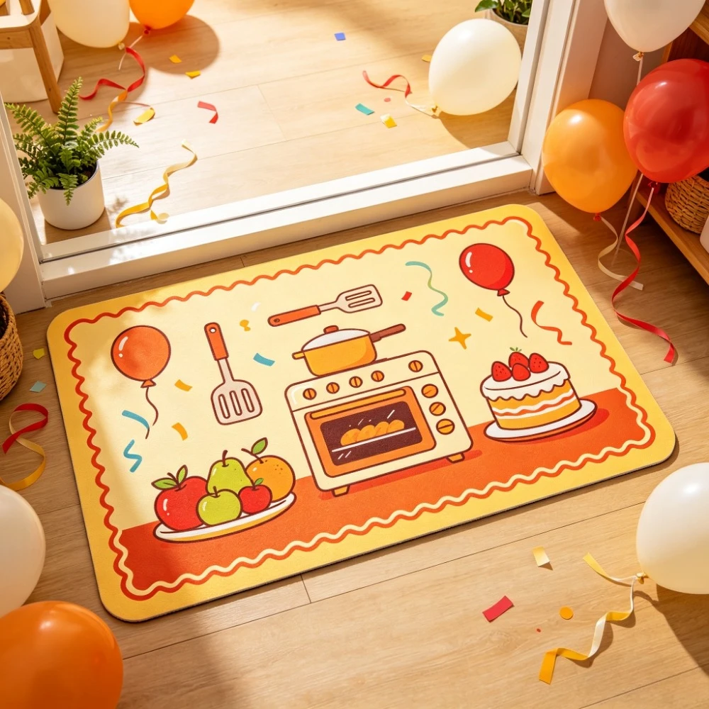 Cute Cartoon Kitchen Baking Party Door Mat, Oven Fruit Cake Balloon Print Non-Slip Water Absorbent Floor Rug for Kitchen Entranc