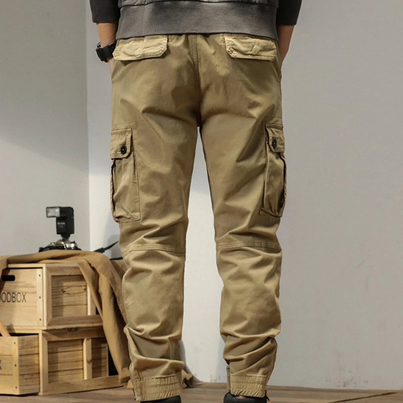 Military Tactical Cargo Pants Men 100% Cotton Multi-Pockets Casual Trousers Fashion Drawstring Elastic Waist Joggers Large Size