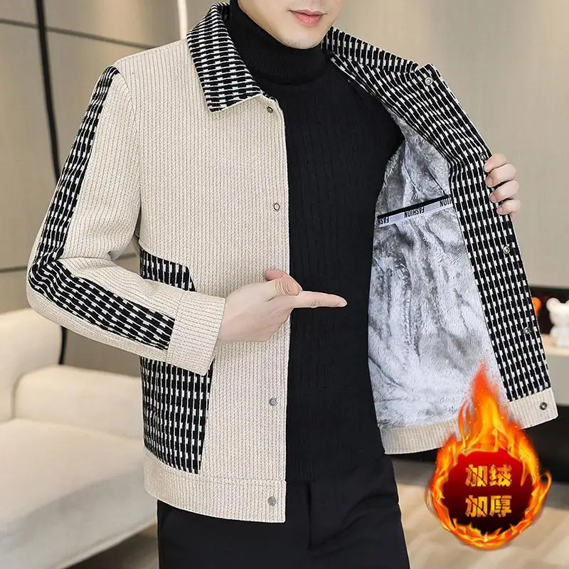 High-Quality Autumn Winter Fashion New Men\'s Casual Lapel Jacket Male Slim Plaid Thickened Warm Woolen Coat