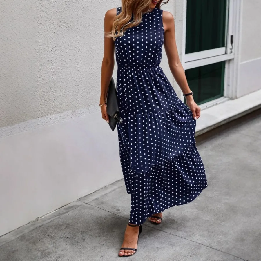 

【New style】- women fashion dress polka dot print cake layer design sleeveless dress no belt
