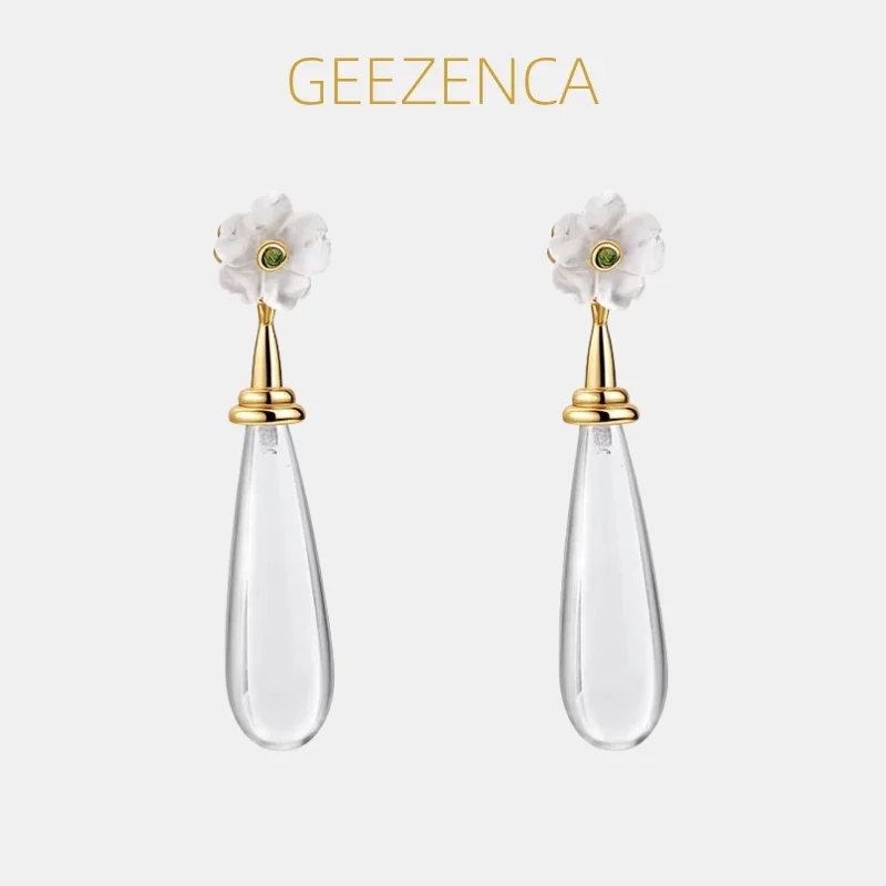 GEEZENCA White Crystal Flower Water-drop Long Bar Charm 925 Silver Dangle Drop Earrings Women Simple Dainty Stack Earring Gift
