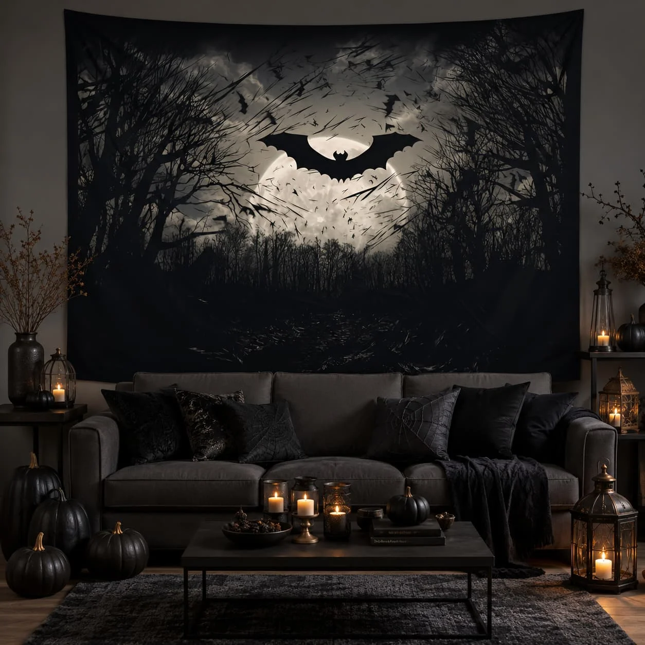 [Halloween Tapestry] Halloween Bats Forest Tapestry - Polyester Peach Skin Velvet Wall Hanging, Indoor Horror Theme Animal Print Backdrop, Classroom Decor, Transverse Orientation, Electricity-Free Use
