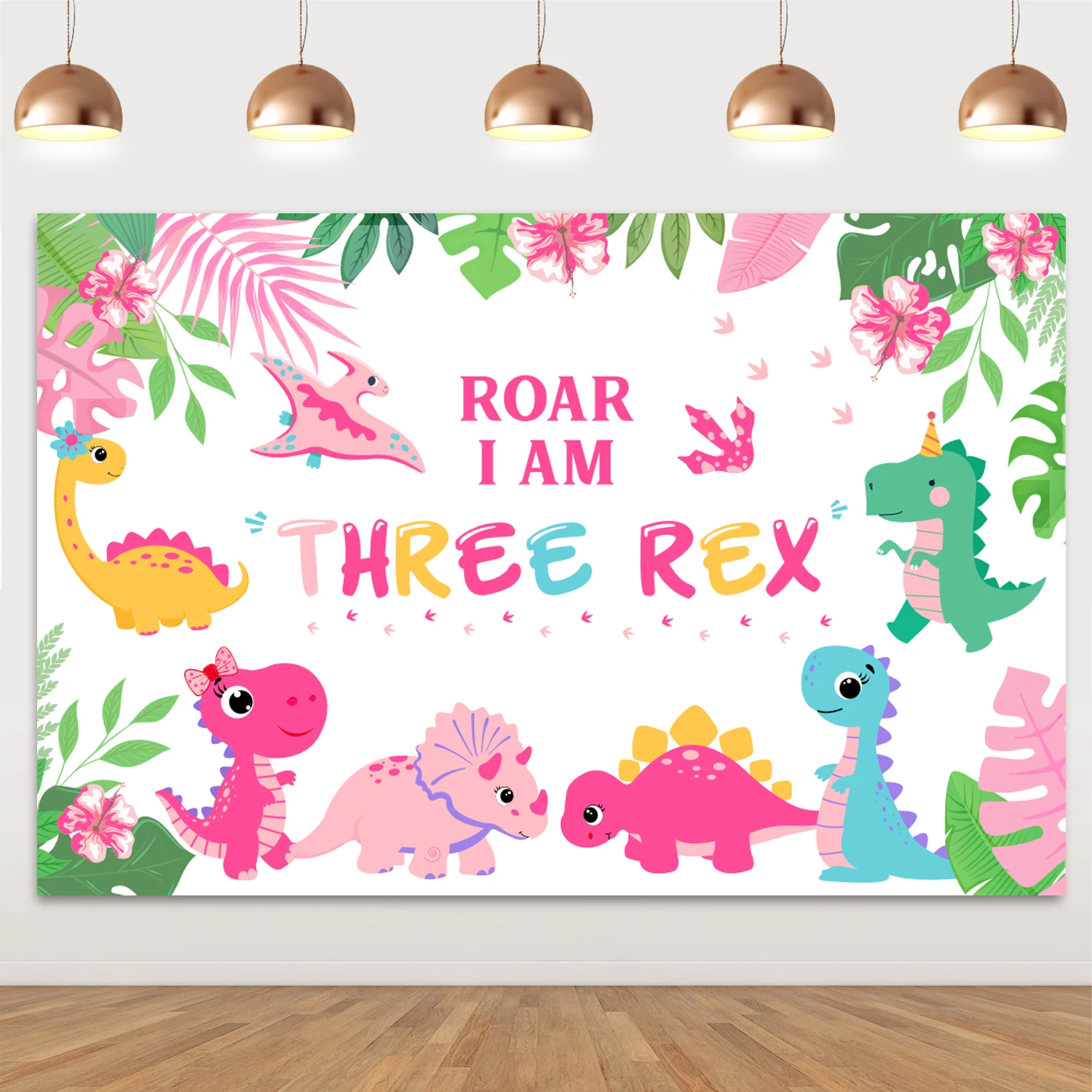 Sursurprise-Pink Dinosaur Theme Background for Girl, Three Rex Birthday Backdrop, Cartoon Dinosaur Photo Background, 3rd Birthda