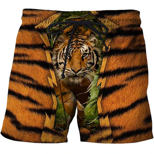 Men's Board Shorts Swim Shorts Summer Beach Shorts Pocket Drawstring Elastic Waist Tiger Letter Quick Dry Hawaiian Swim Trunks