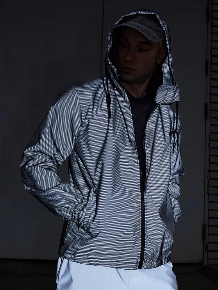 

Spring Autumn Trendy Reflective Jacket Versatile Outdoor Safety Luminous Hooded Coats Street Fashion Black Mesh Casual Clothes