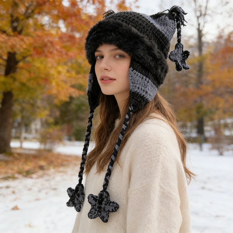 Japanese Designer Pentagram Skullies Beanie Women Autumn Winter Warm Ear Protection Handmade Knitted Hat Cat Ears Stripe Cap Y2K