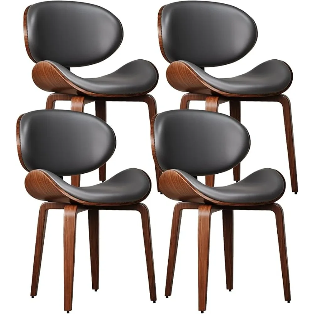 Modern Dining Chairs Set of 4, Mid-Century Chair with Walnut Bentwood, Ergonomic Dining Room Chairs with Curved PU Leather Seat