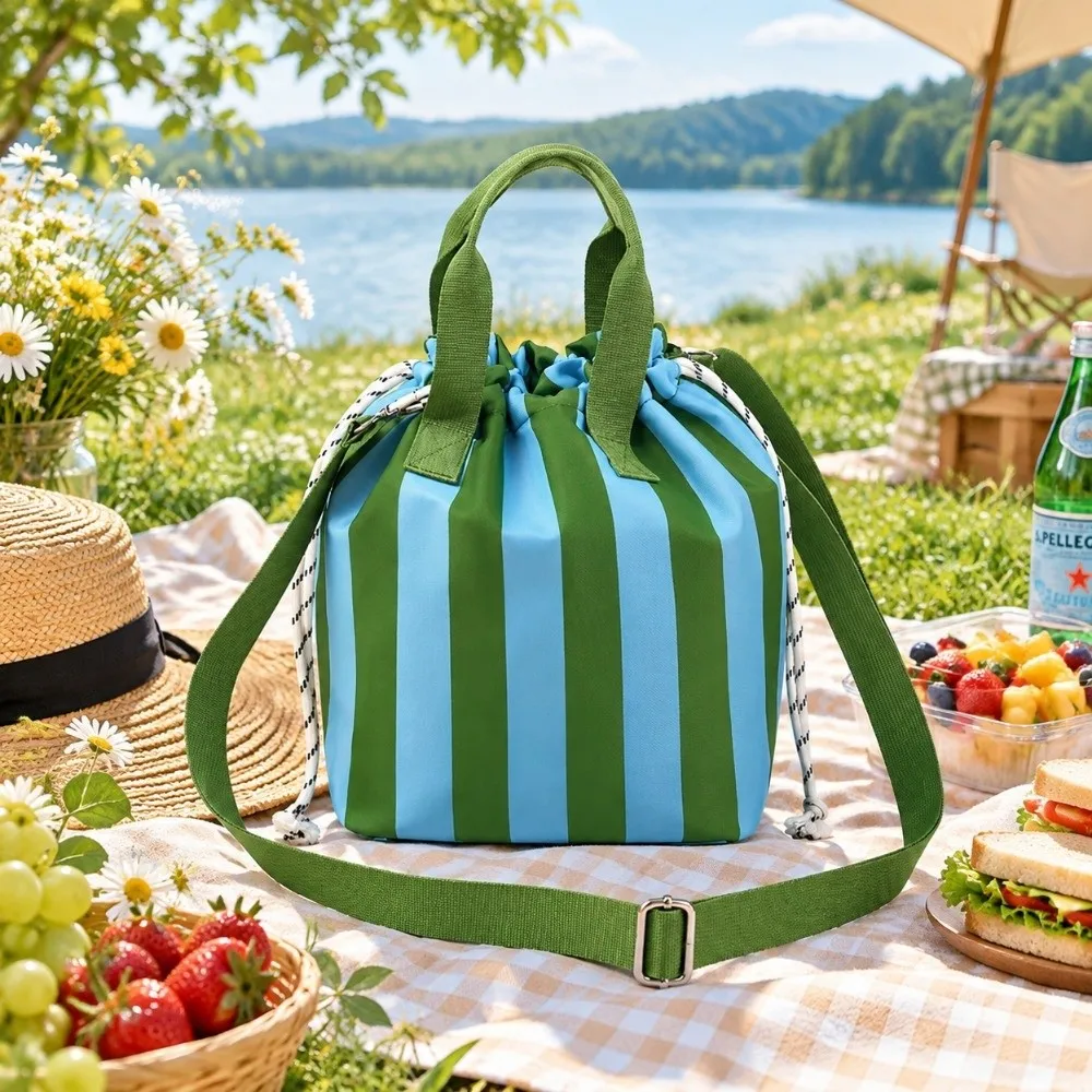 Color Block Drawstring Lunch Box Bag Striped Aluminum Foil Liner Picnic Bag Adjustable Detachable Shoulder Strap Waterproof