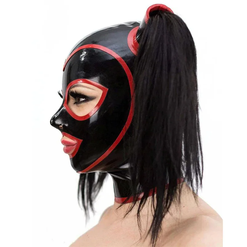 Резиновая маска с латексным капюшоном и двумя трубками с косичками и контрастной отделкой для комбинезона, косплея, вечерние черные парики hjk.5