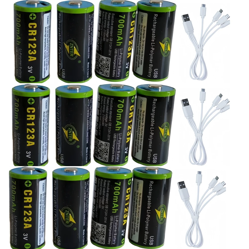 

12PCS ZNTER 700mAh CR123A rechargeable lithium battery 3.0V USB 16340 rechargeable battery with USB cable charging