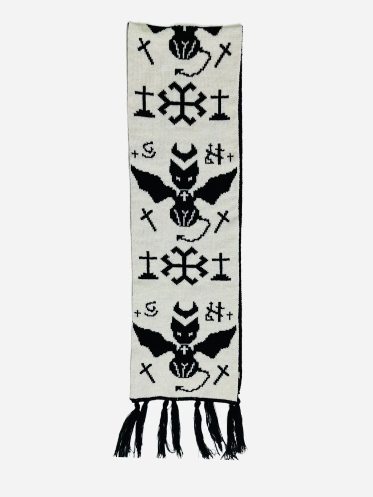 Y2k Aesthetic Girl Cat Printing Scarf Harajuku Two-sided Warmth Tassels Neckerchief Japanese Individuality Streetwear Scarves