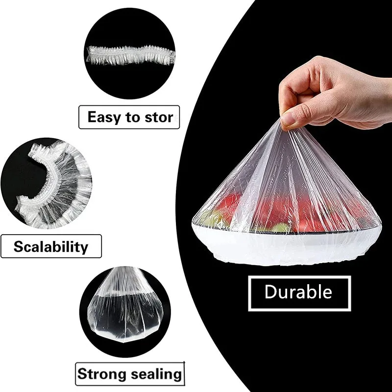 100PCS Disposable Food Cover Plastic Wrap Kithchen Refrigerator Fruit Food Stretch Protection Flim Dustproof Bowls Cups Caps Bag