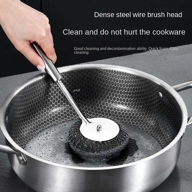 Stainless Steel Long Handle Cleaning Brush with Steel Wire Ball for Kitchen