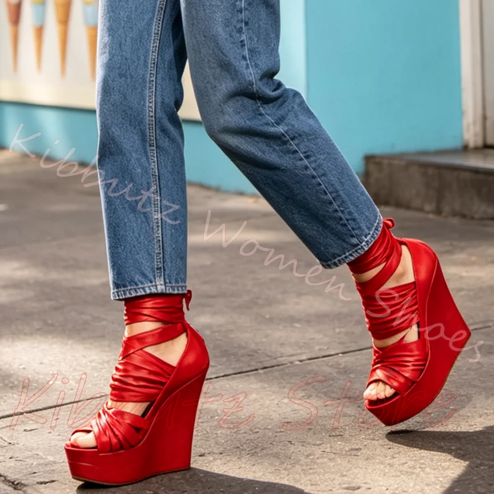 Wrap Around Platform Sandals Ankle Wedge Peep Toe Crisscross Pleated Straps Back Zipper Leather Vacation Party Women Shoes Sexy