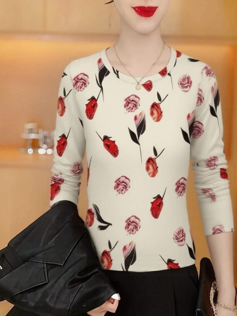 

Модная женская базовая рубашка с длинным рукавом и цветочным принтом, универсальный топ в стиле Mom Style с круглым вырезом, стройнящий фигуру, можно носить на выход.