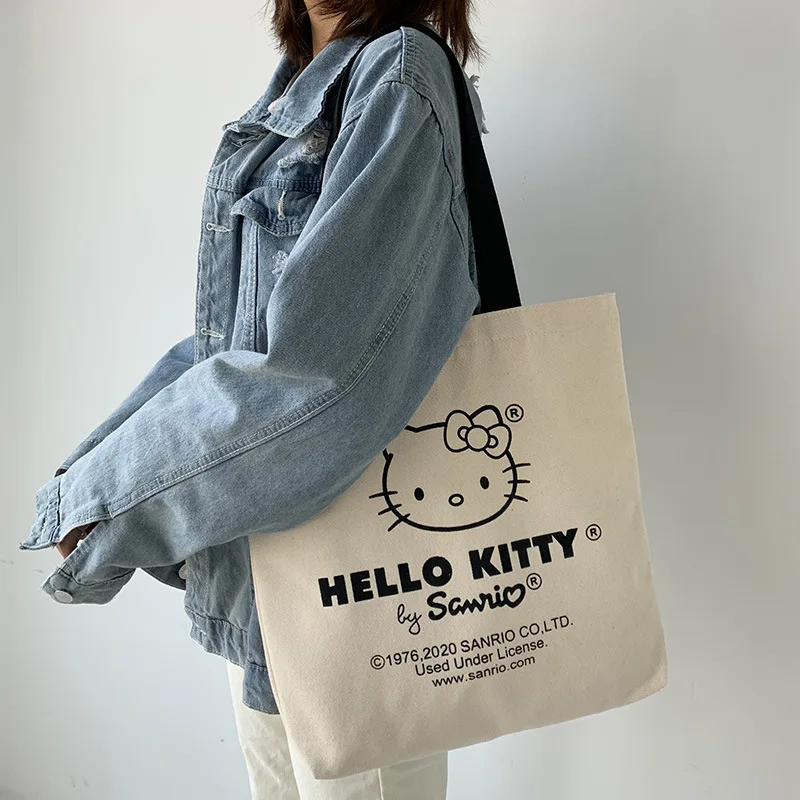 กระเป๋า tas Jinjing kanvas Hello Kitty กระเป๋าใส่ของเดินทางแบบน่ารักกระเป๋าสะพายไหล่ใช้ซ้ำได้ตามต้องการ