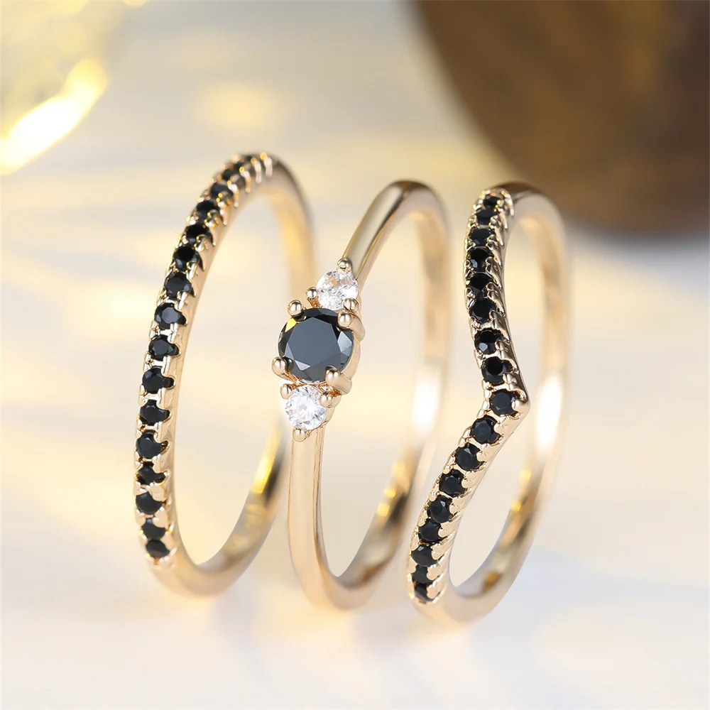 3 stücke Runde Stein Vintage Schwarz Zirkon Ring Sets Für Frauen Antik Gold Farbe Verlobung Bands Hochzeit Schmuck Set Vielseitig geschenk