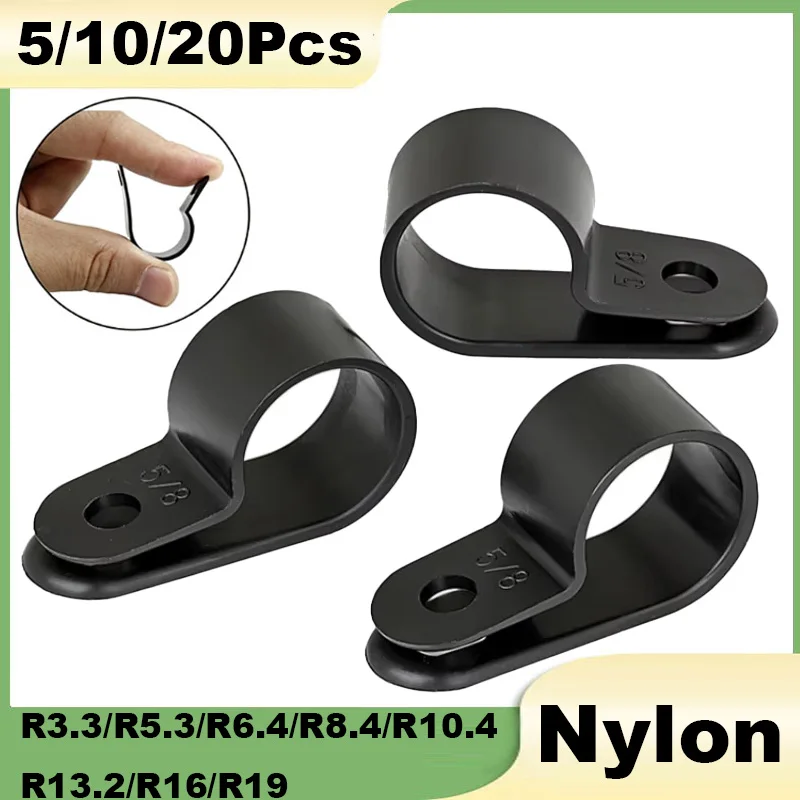 Black R-Type Nylon Cable Clamp R3.3/R5.3/R6.4-R19 Plastic P Clips Fasteners Cables Mounting Fix Hardware Electrical Fittings