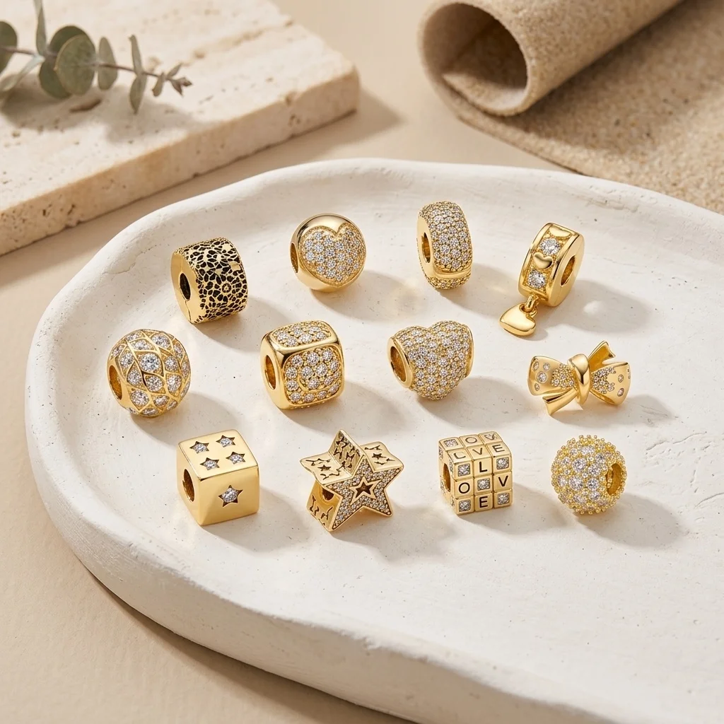 Gold Plated DIY Pavé Crystal Charm Beads Hollow Heart Star Spacer Bead Fit Bracelet Necklace DIY Jewelry European Gift for Women