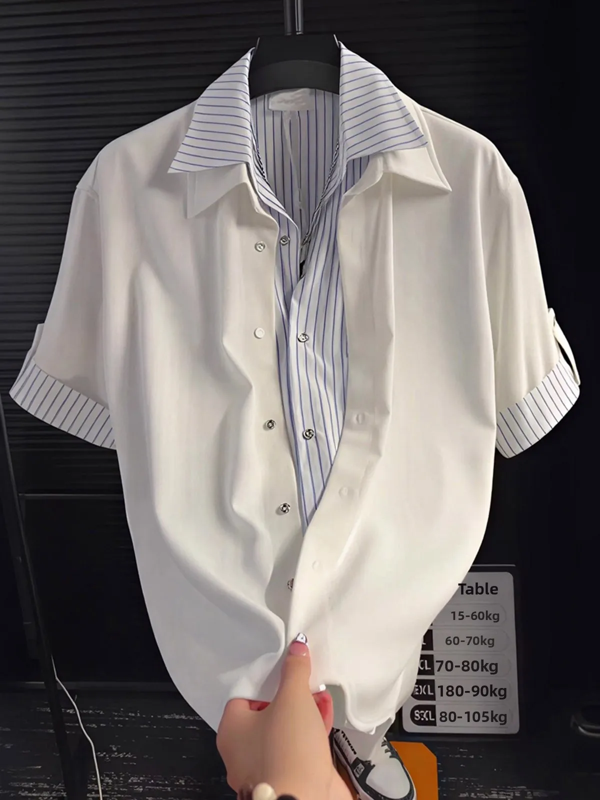 Blue Striped Short Sleeve Ice Silk Shirt Men's Half Sleeve Turn-down Collar Fake Two-Piece Design Summer Lightweight Maturity...