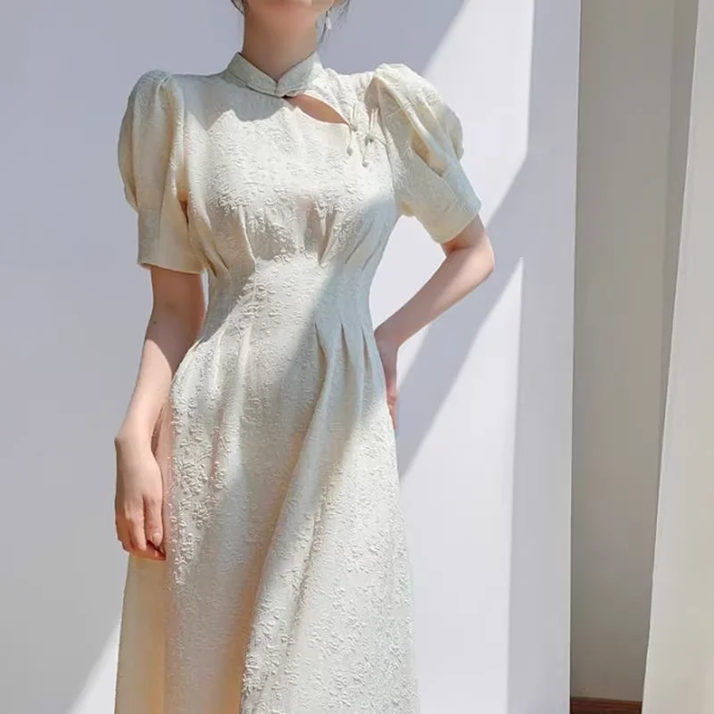 Women White Dress 2024 New Cheongsam Flounced Solid Half Sleeve Short Sleeve Stand Neck High Waist Dresses