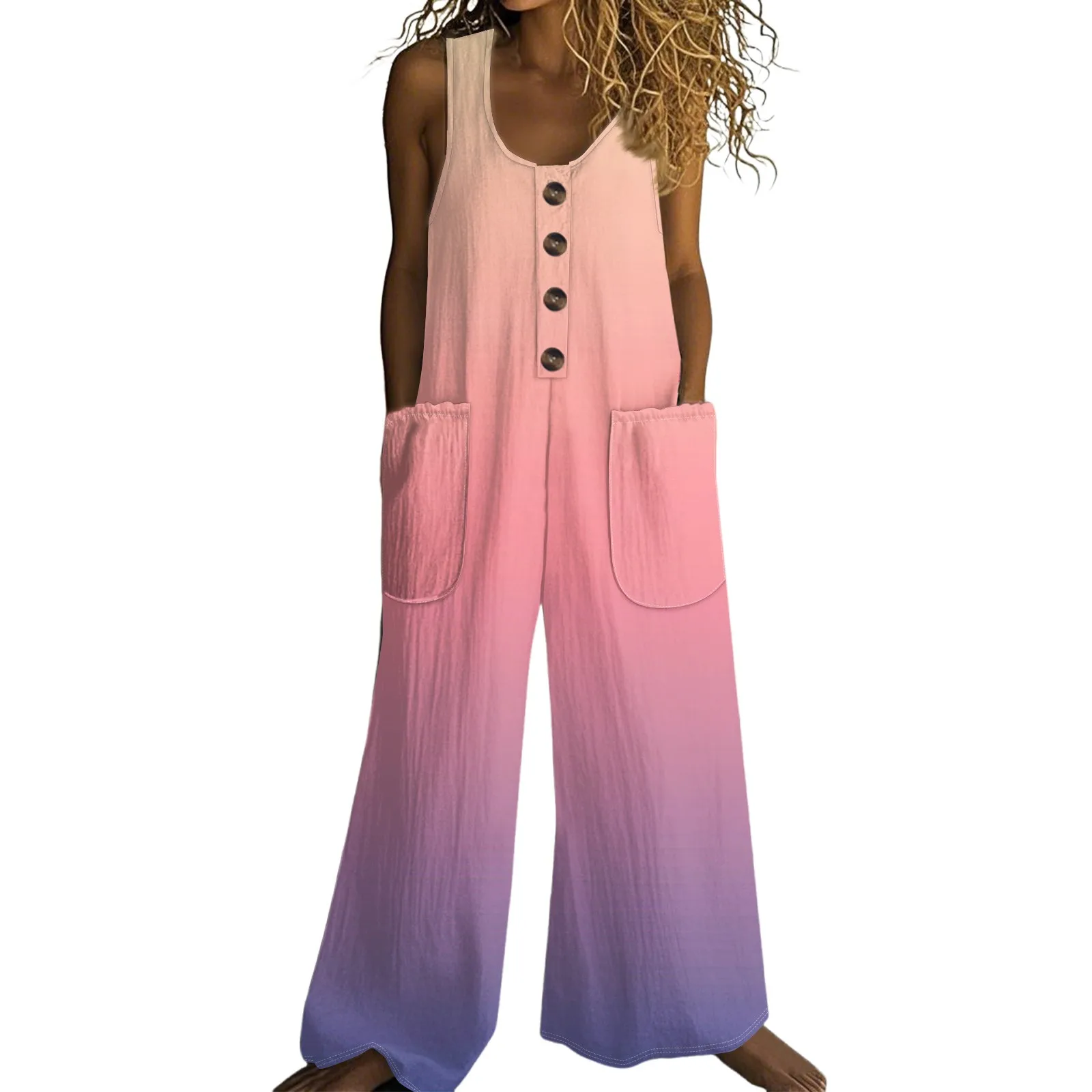 

Women's Fashionable Casual Button-down Sleeveless Jumpsuit With Gradient Print Cotton Pocket Jumpsuit Jumpsuits for Women Casual