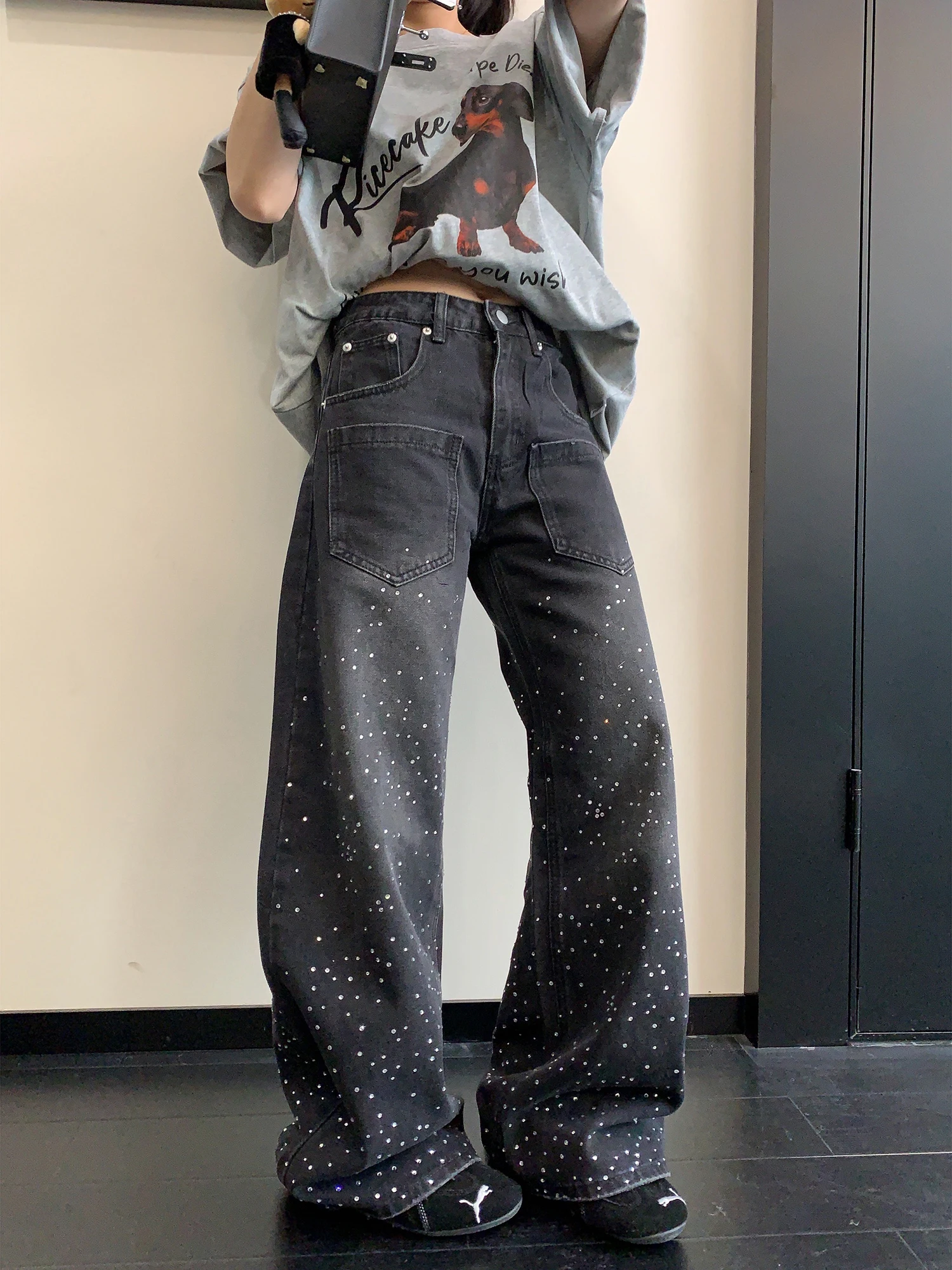 

Ретро джинсы с низкой посадкой и прямыми штанинами, женские модные повседневные широкие длинные брюки с декором из страз, универсальные, из хлопка