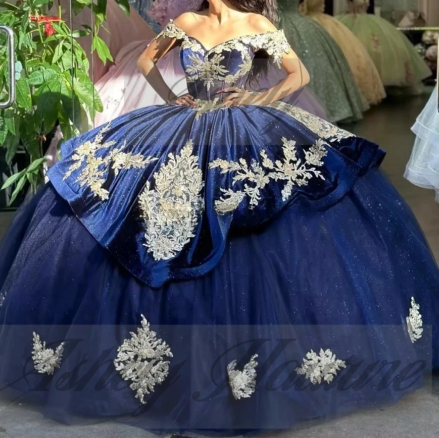 Vestidos de quinceañera azul marino mexicano personalizados, apliques de encaje, vestido de baile hasta el suelo, vestido de fiesta de graduación y cumpleaños para mujer, 15 16 niñas