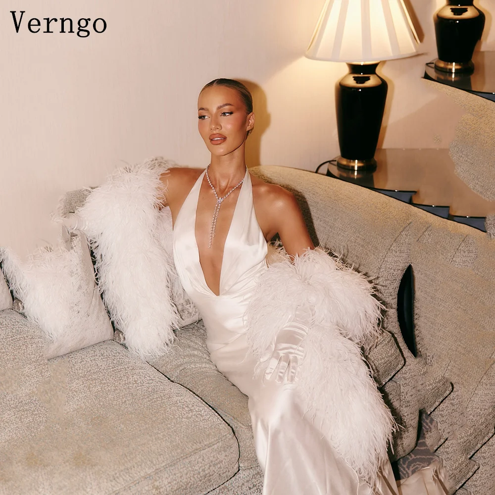 

Verngo lvory Satin Wedding Dress Halter V Neck Backless Bridal Gowns Modern Sexy No Feathers Romantic Bride Dresses Customized