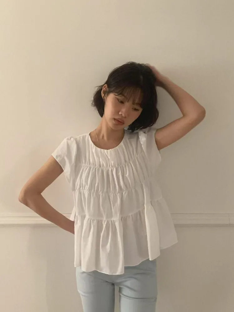 

Sweet Summer Korean Sle Pure Color Loose ort Sve irt Повседневный универсальный плиссированный топ для женщин Dojazdy Faion