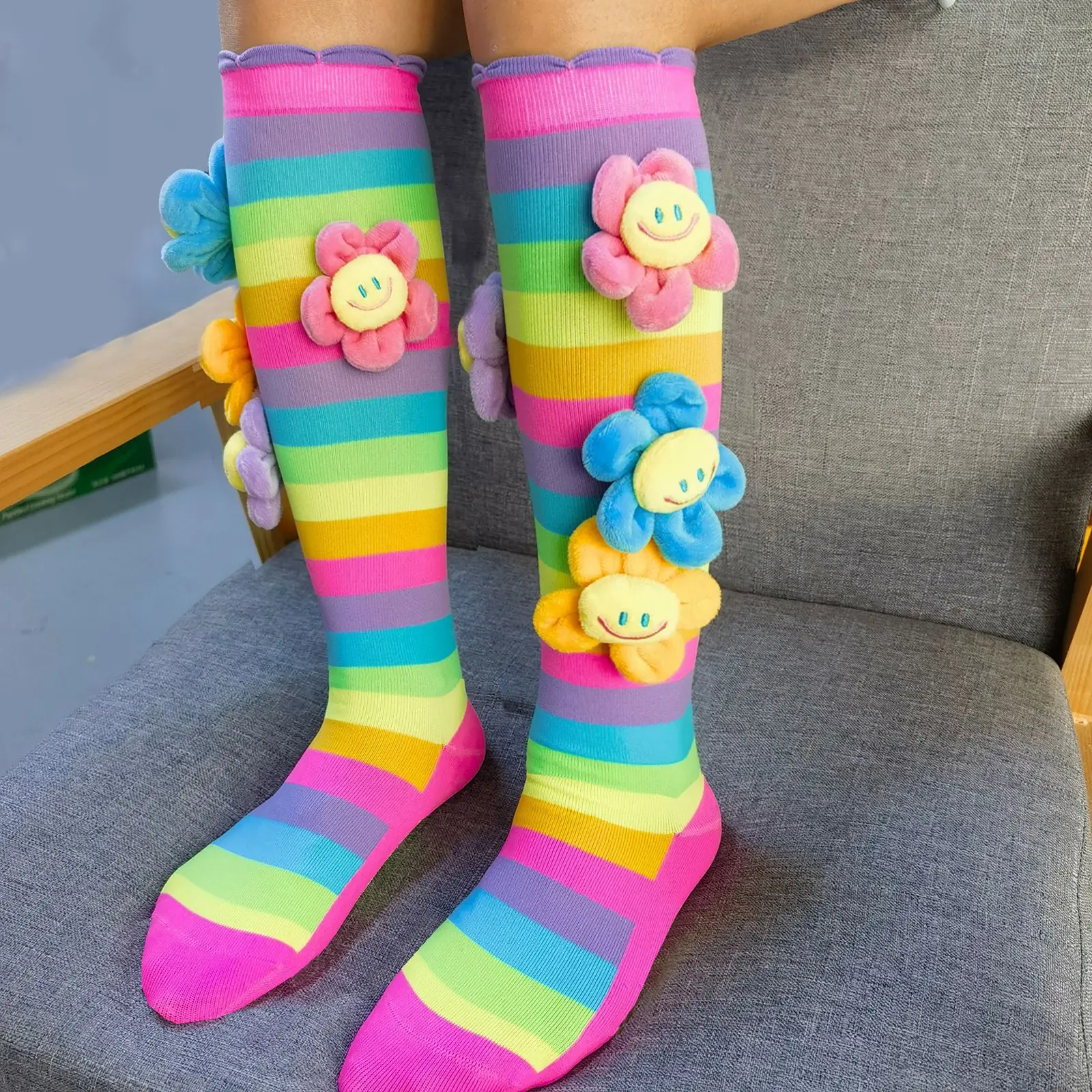 Winter Autumn Baby Children Socks Knee High Long Kids Girl Flower Tight Rainbow Striped Breathable School Uniform 7-12 Years