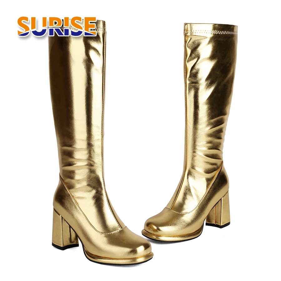 Winter Damen Metallic Silber Plateau Kniehohe Stiefel Blockabsatz Runde Spitze Rotes Lackleder Bequeme Büro-Kleiderstiefel Lange Stiefel