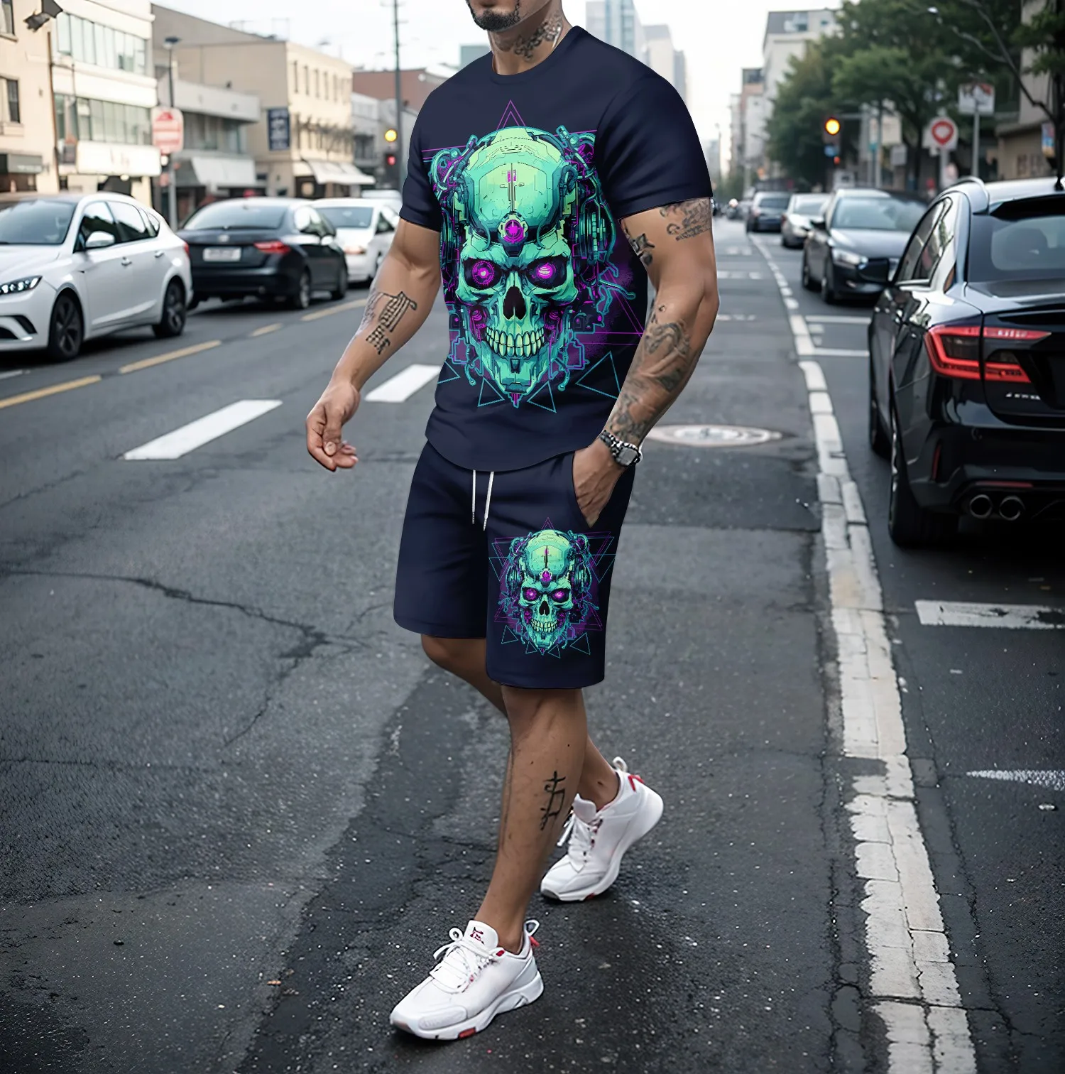 Summer men\'s O-neck short sleeved shorts set with 3D skull print fashion casual cool personality T-shirt set sports set