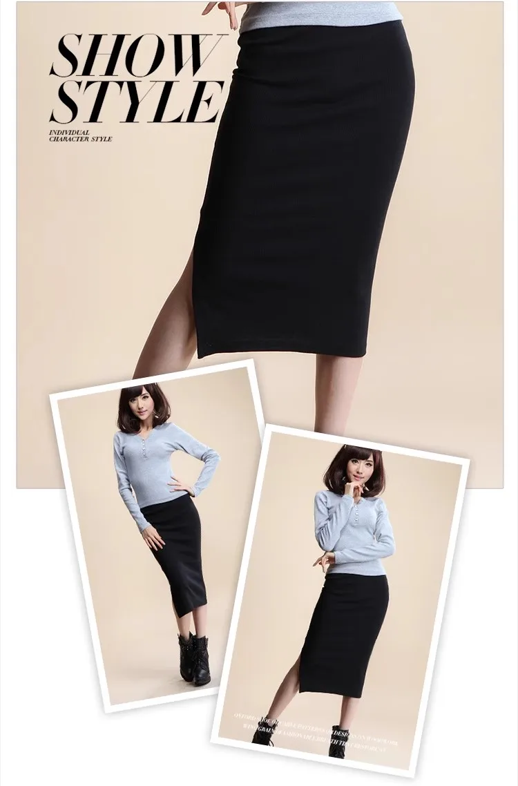 Winter-Damenrock, hohe Taille, Stretch-Bleistift, lang, geteilt, vorne geschlitzt, A-Linie, lässig, koreanischer Stil, eleganter schwarzer Bleistiftrock – Detail 2